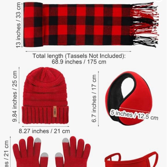 Winter Warm Sets Buffalo Plaid Scarf Knitted Beanie Hat Gloves Earloop Warm - Picture 2 of 3